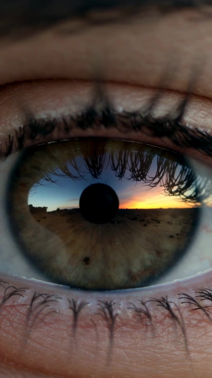 Video verticale: Sguardo fisso in macro dal sole basso sulla cornea dell'occhio che mostra il tramonto e il riflesso della lente.
