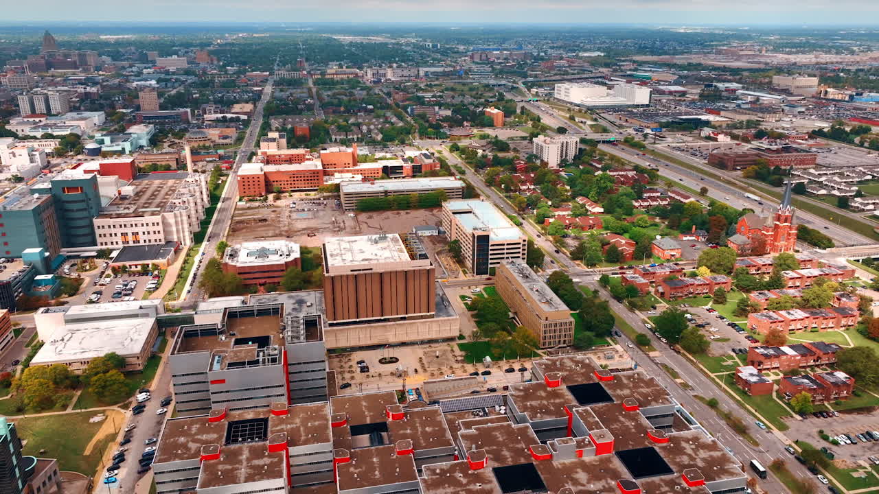 Detroit, USA, 28 July 2025: Footage over the urban landscape of modern Detroit, Michigan, USA. Vast cityscape at daytime