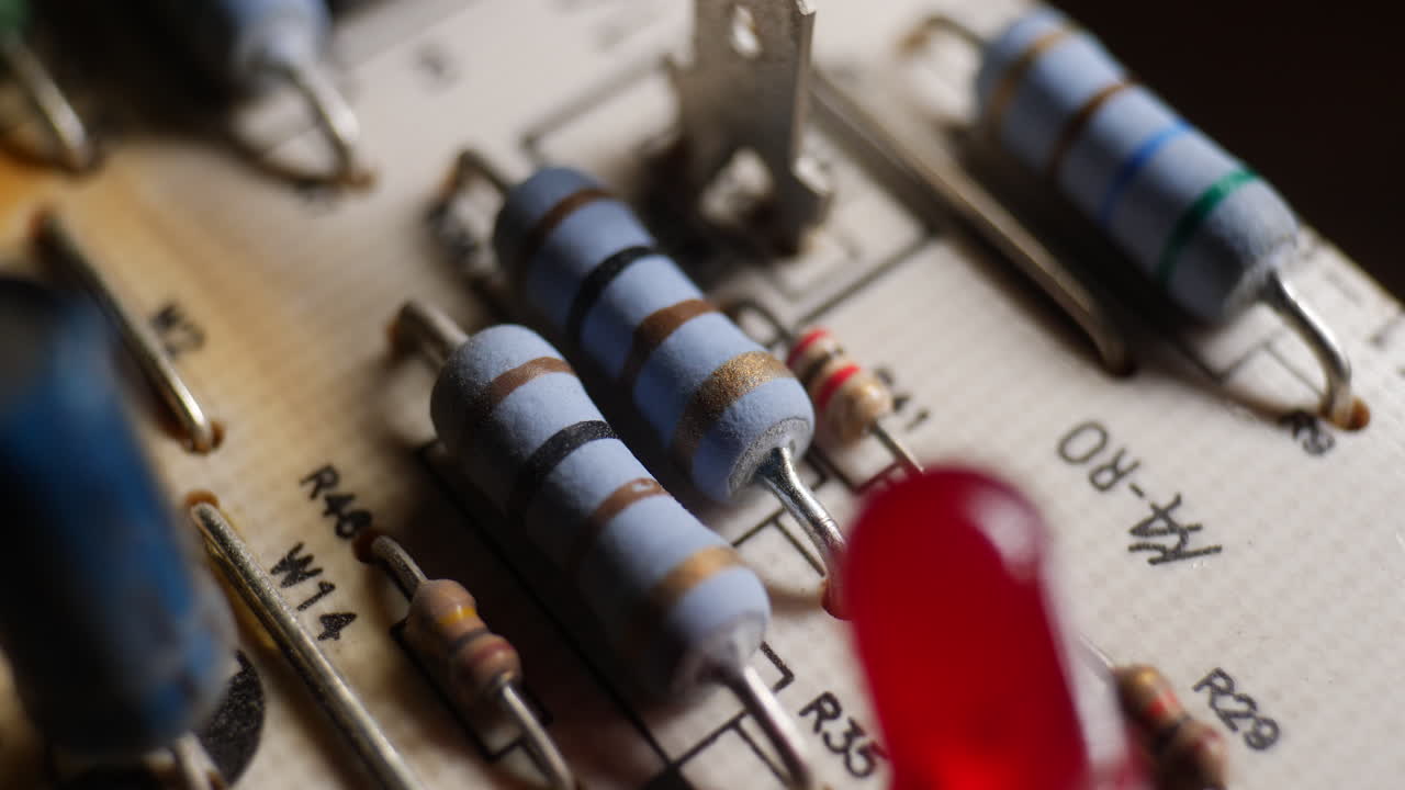 Many resistors, leds and electronic components on an old retro circuit board controller with other electronic components