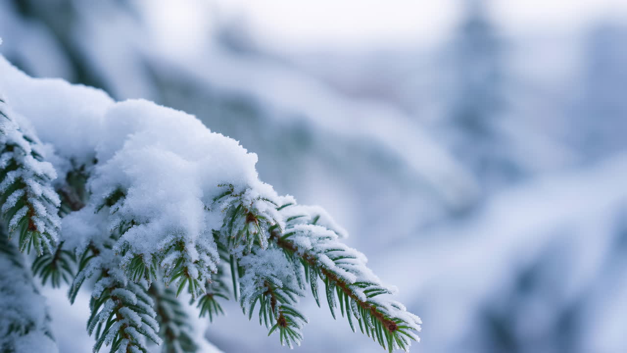 Snowcovered Pine Branch, Early Morning Forest Bokeh, Frosted Needles Heavy With Fresh Snow, Soft Blue Light