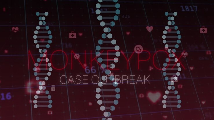 Animation of monkey pox over dna, icons and numbers