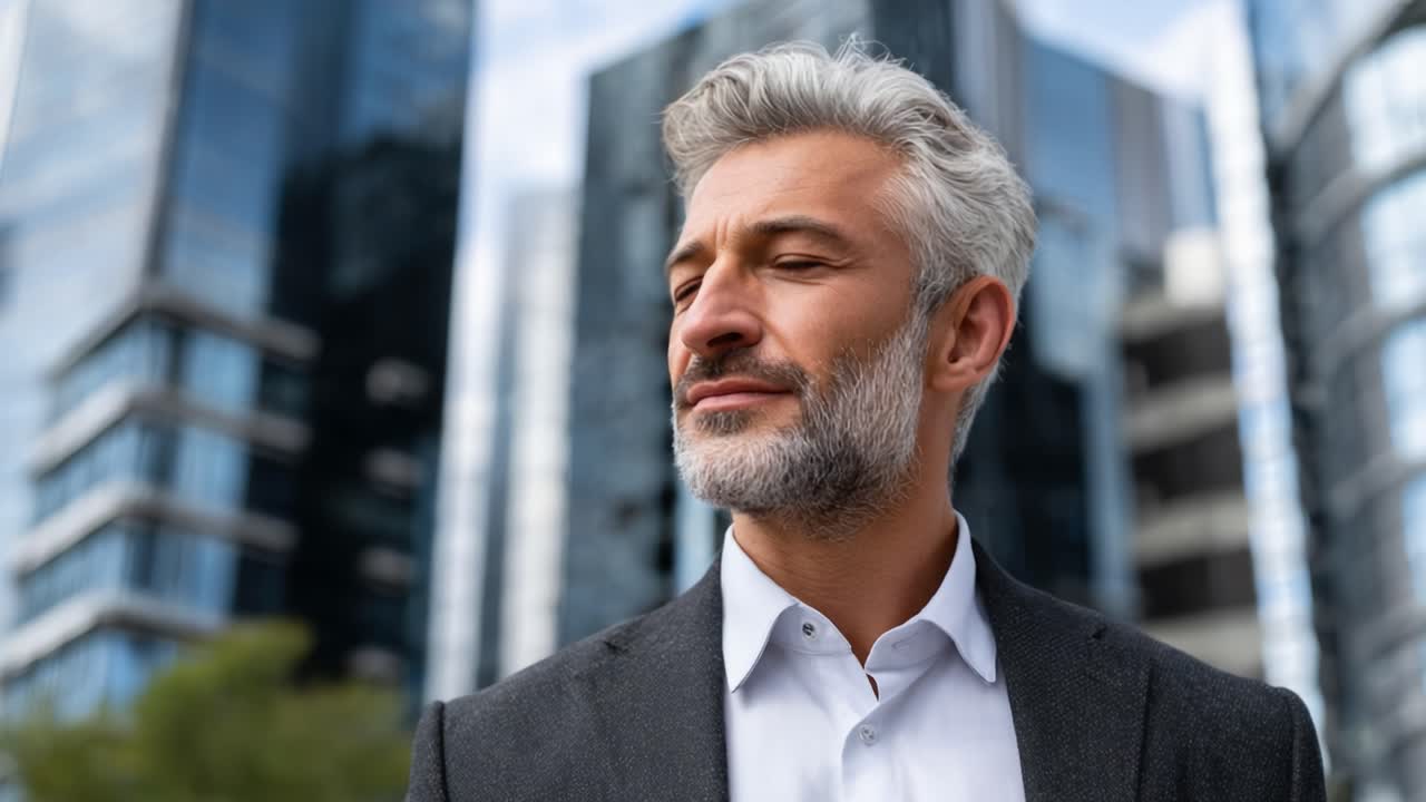 A Confident Man Reflects on Success Amidst a Modern Urban Landscape: The Journey of Self-Discovery and Professional Growth