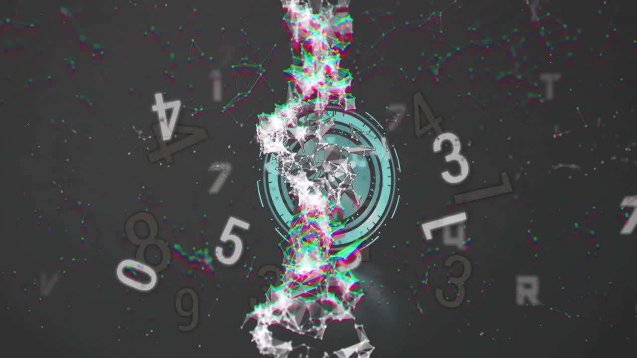animación de adn, números, reloj y conexiones en fondo negro