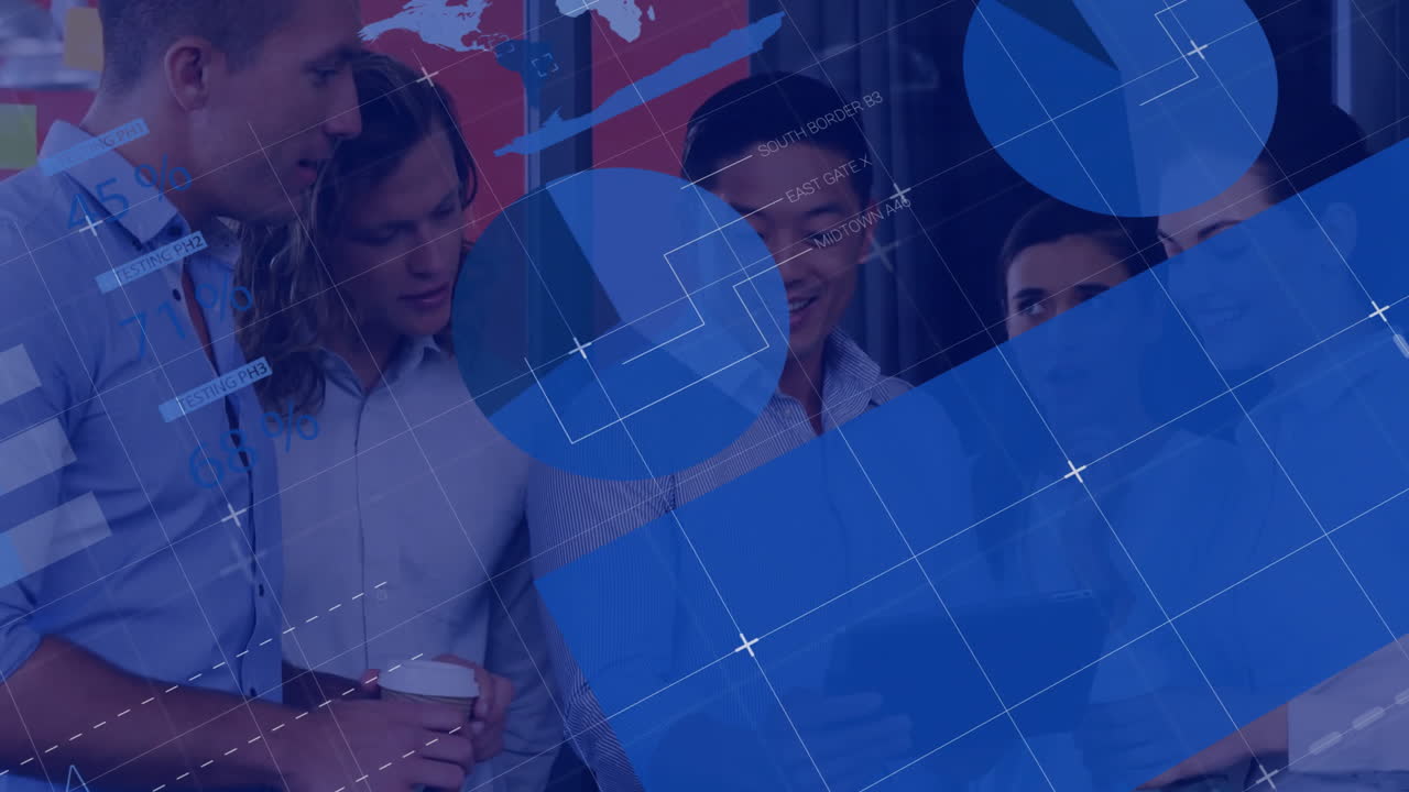 Animation of infographic interface over diverse coworkers discussing reports on digital tablet