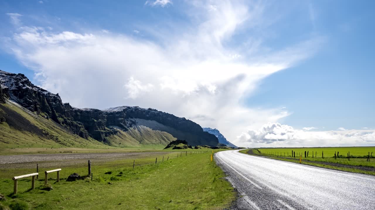 Beautiful nature of Iceland. Empty road through Iceland with sunny weather
