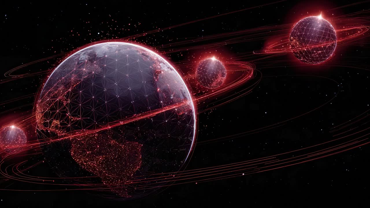 Luminous red particles forming a plexus network over a rotating planet Earth, illustrating the concept of global data transmission and worldwide internet business in a futuristic metaverse