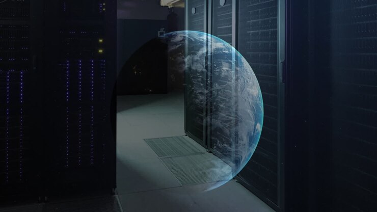 Animation of globe rotating over data server racks