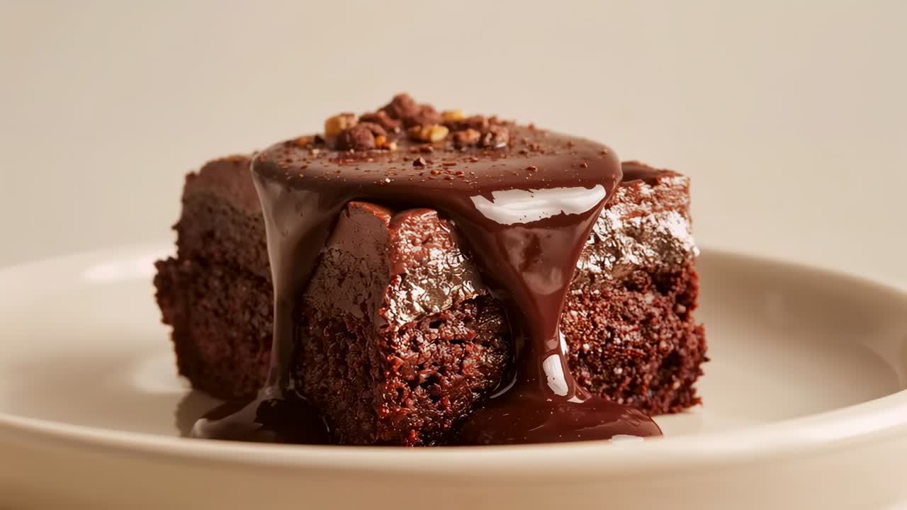 Versare salsa al cioccolato fuori campo per glassare un brownie quadrato su un piatto, mostrando pezzetti di noci