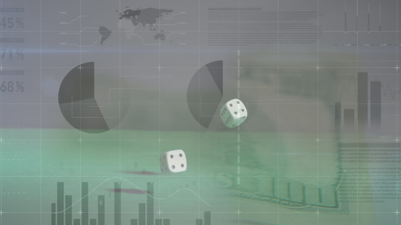 Animation of data processing over banknotes and dices