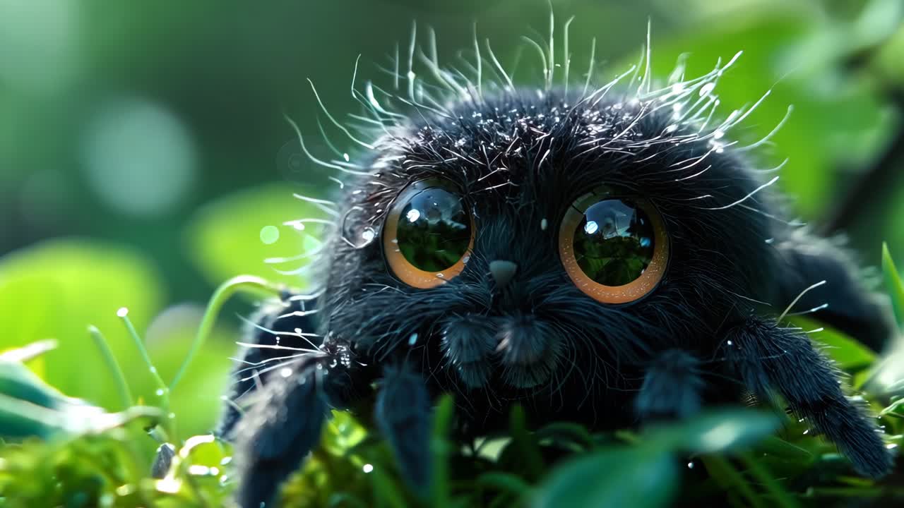 A spider with big eyes is sitting on a green leaf. The spider is small and black. The leaf is green and has some water droplets on it