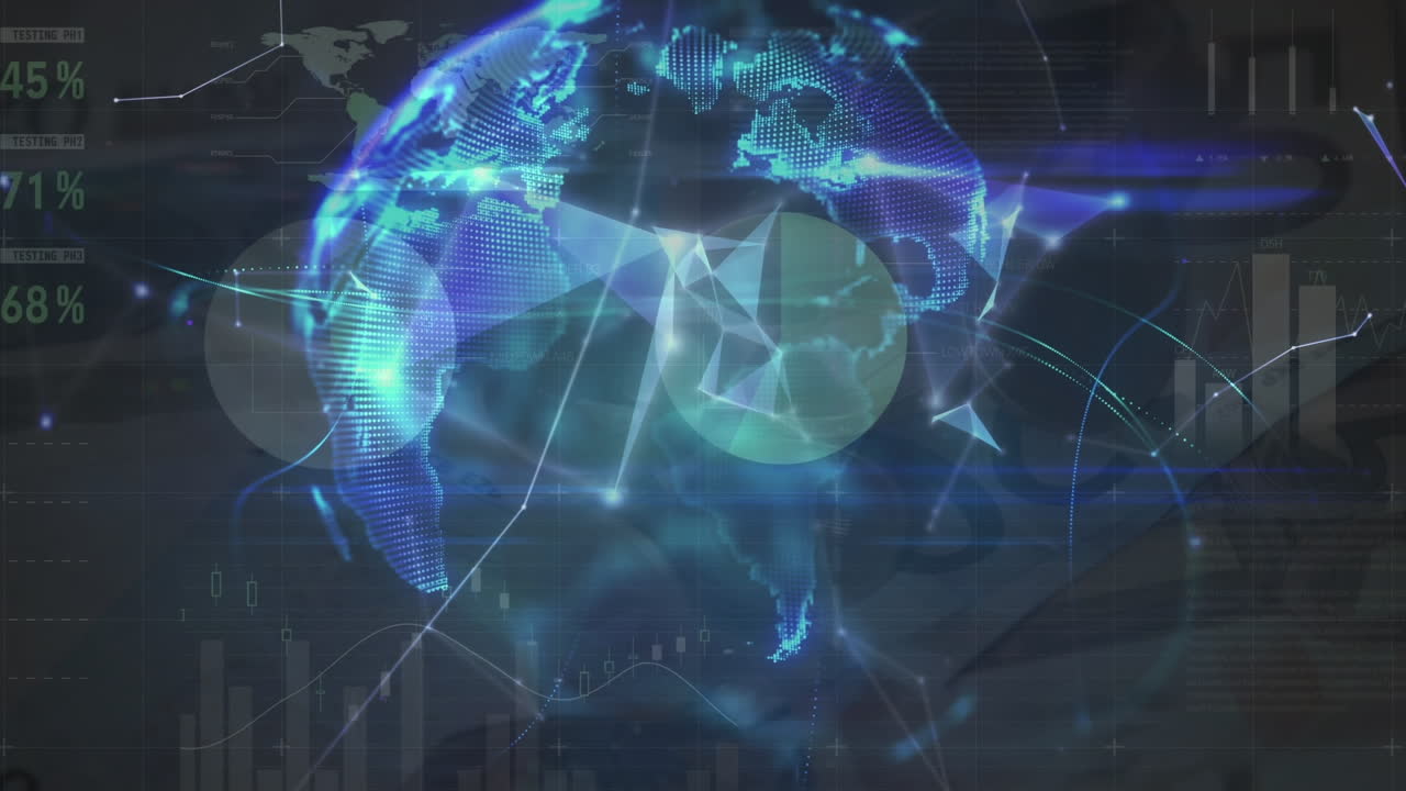 Animation of data processing and globe over dark background