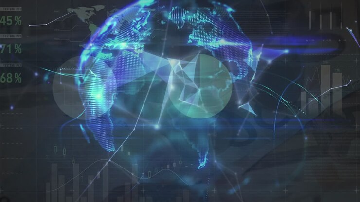 Animation of data processing and globe over dark background