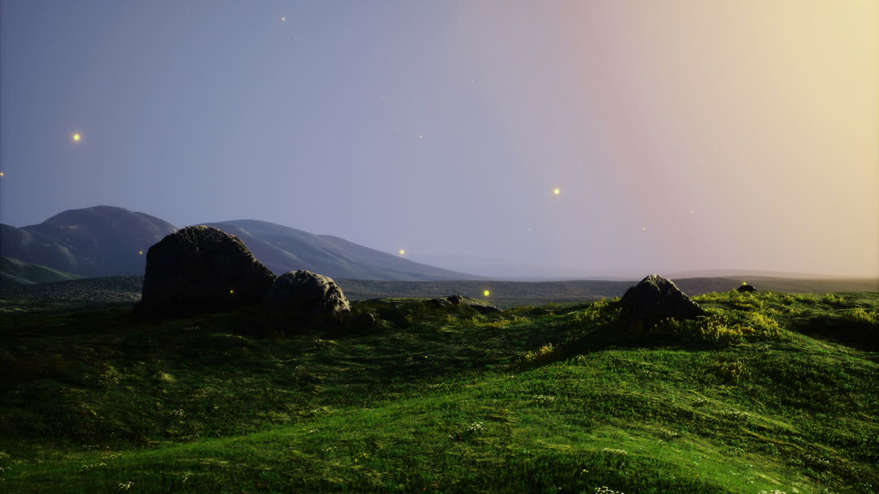 Vibrant landscape showcasing rolling hills and rocky formations at dawn