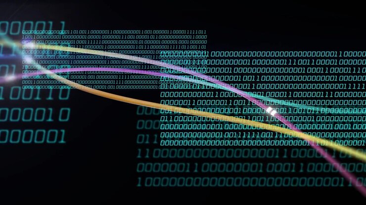 Node pulse starting three ribbons flowing with moving nodes crossing binary grids showing data