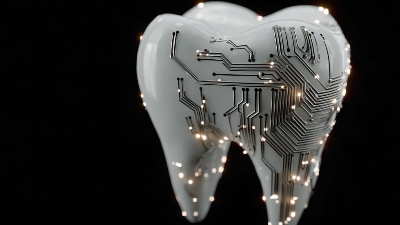 A Futuristic Tooth Design Incorporating Circuitry and LED Elements, Merging Dental Health with High-Tech Aesthetics in a Unique Visual Concept