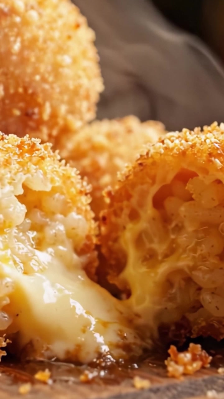 Deliciously Golden Cheese-Stuffed Rice Balls with Crispy Breadcrumb Coating, Captured Freshly Fried and Melting Gooey Cheese Oozing Out for an Irresistible Treat