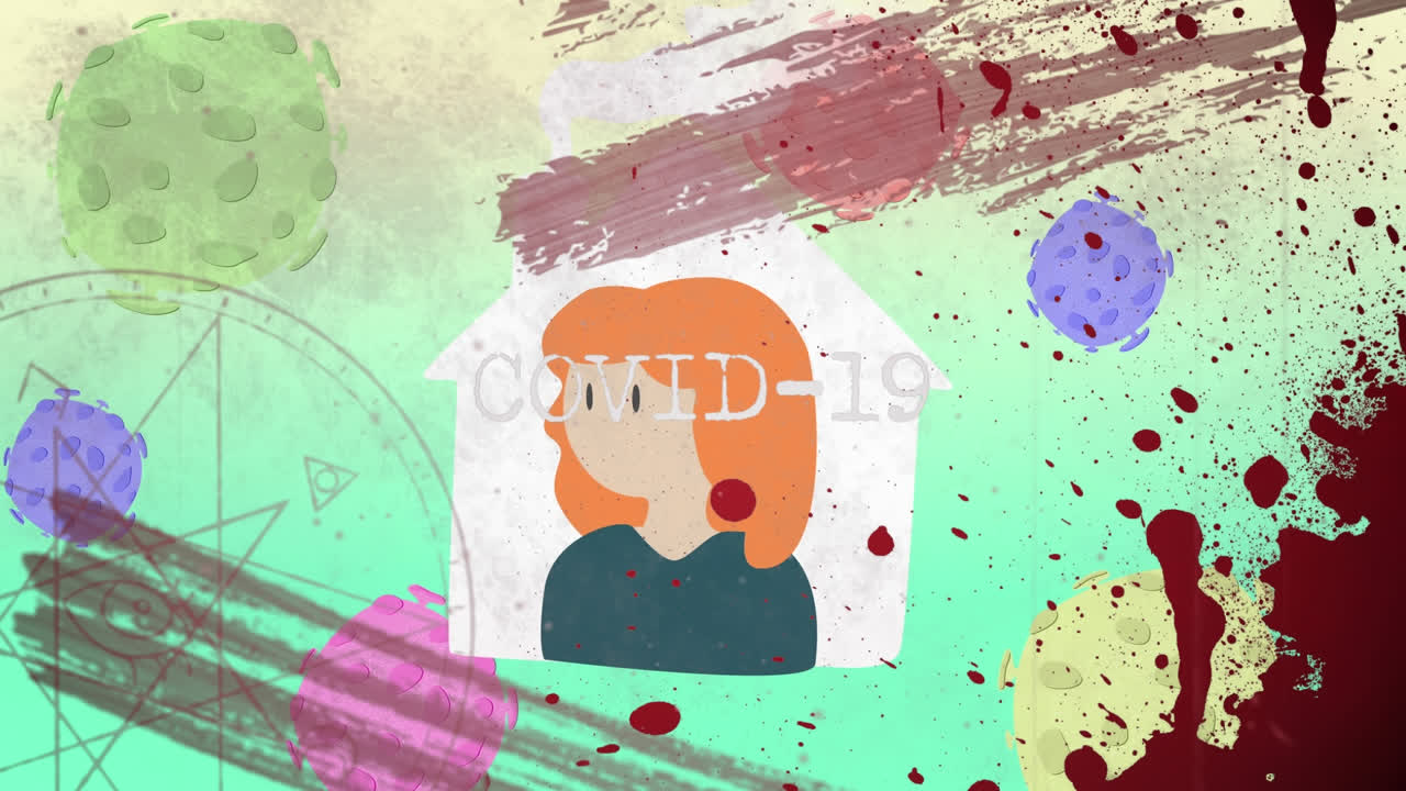 녹색 배경에 빨간색 페인트 스프레이에 대한 covid-19 텍스트와 가정의 여성 아이콘