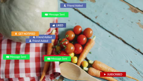 social media notifications animation over fresh vegetables on wooden table