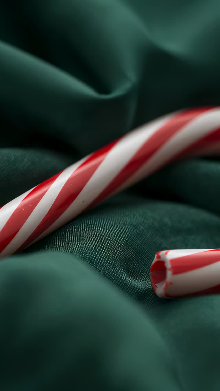 Vertical video: Shifting camera focusing on striped candy cane on green cloth, showing broken bit