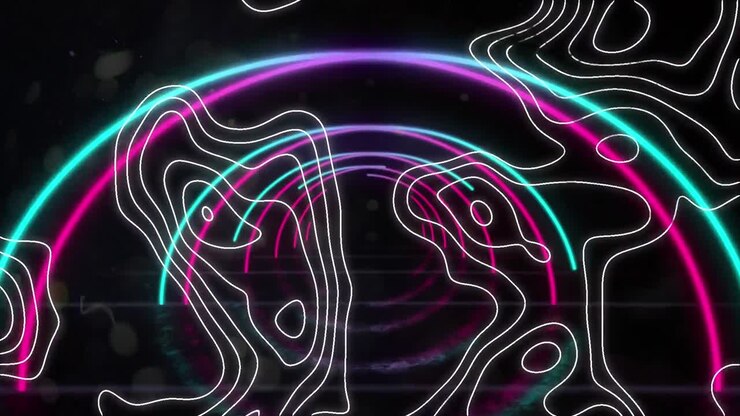 Animation of white contour lines over blue and pink neon semi circles moving on black background
