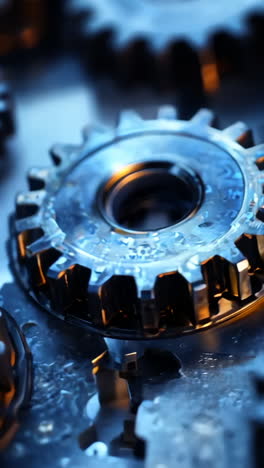a close up of a bunch of gears with a metallic look. the gears are all different sizes and are arranged in a pattern. concept of precision and complexity, as well as the idea of machinery