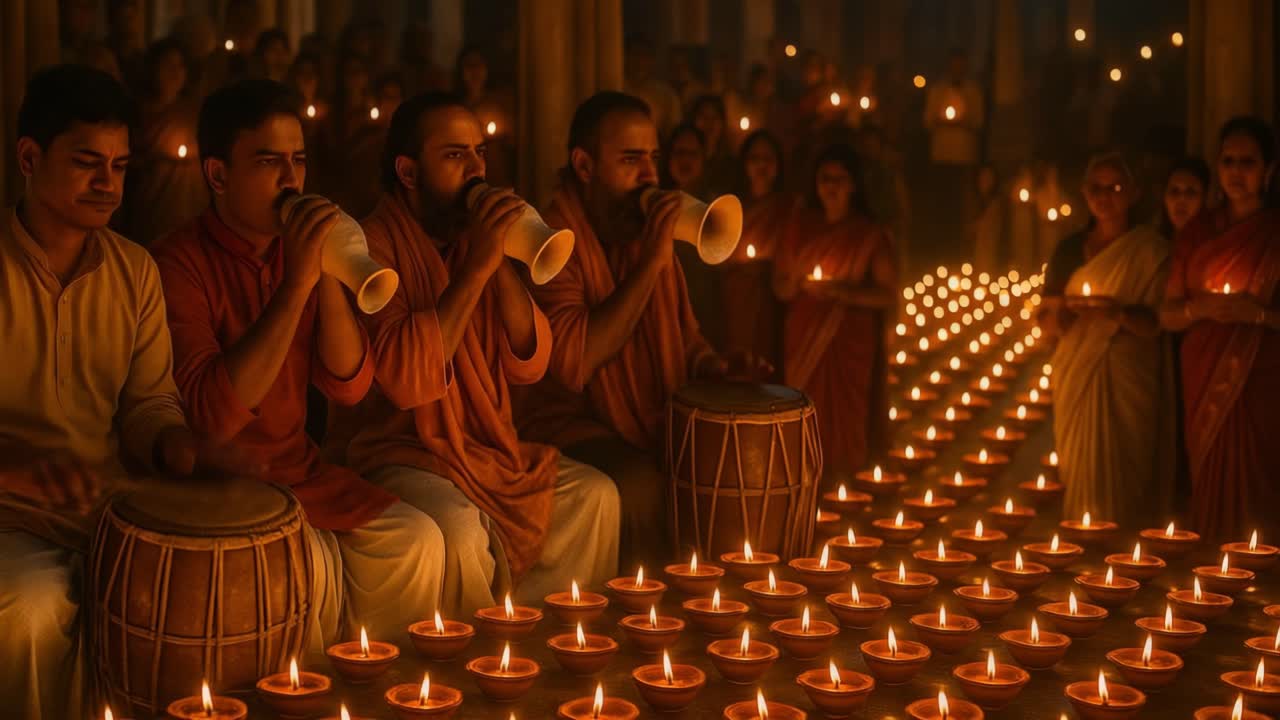 Musicians in traditional clothing play instruments, illuminated by candlelight, enhancing the festive ambiance and showcasing cultural heritage through music and community spirit