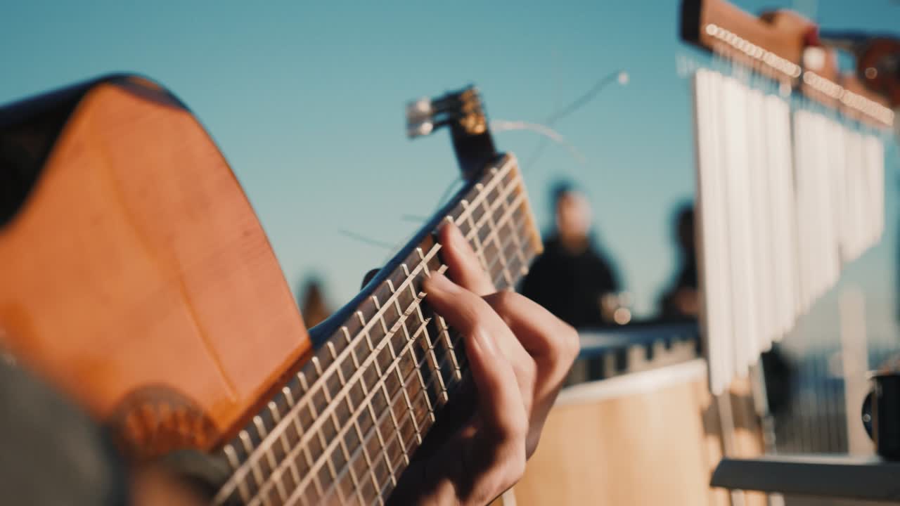 Traditional music Street Performers, summer time. 4K