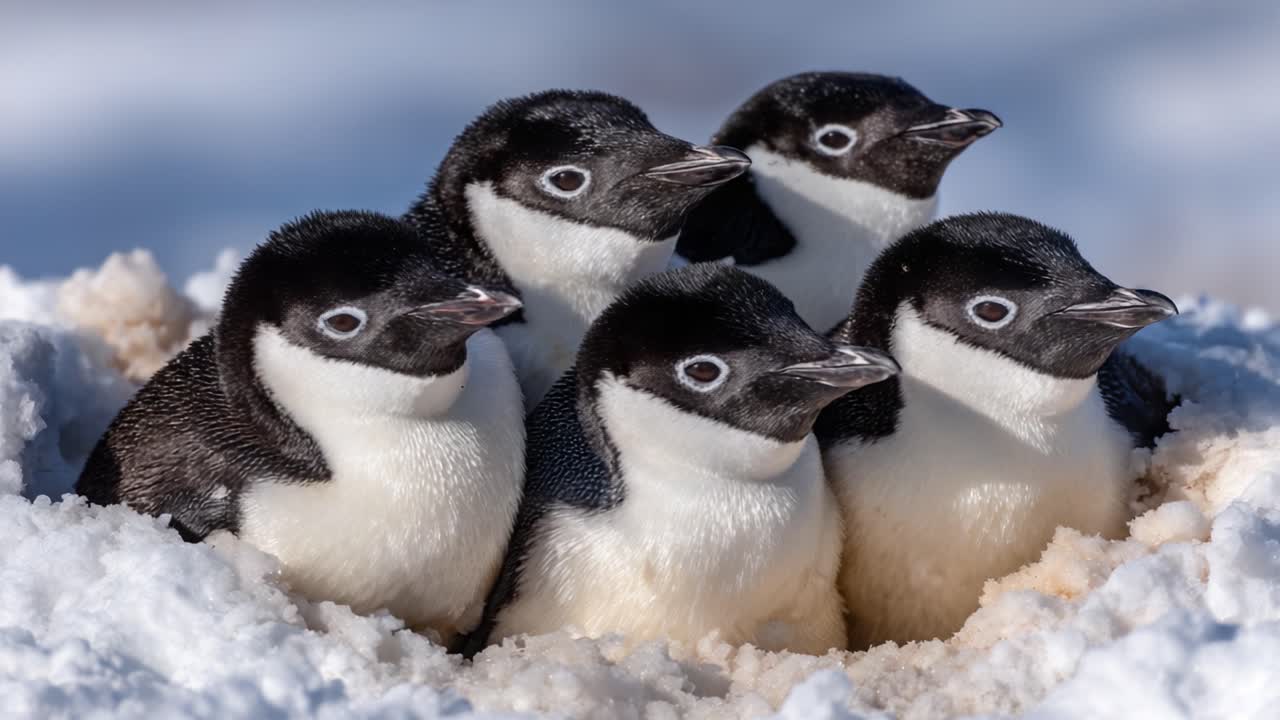 A Charming Group of Young Penguins Nestled Together in the Snow, Capturing the Delightful Essence of Antarctic Wildlife and Their Natural Habitat