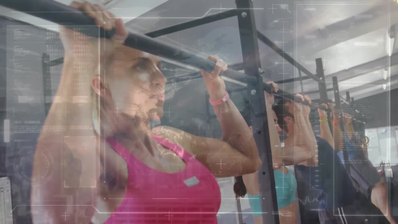 animación de escaneo de alcance y procesamiento de datos sobre hombres y mujeres que hacen ejercicio en el gimnasio