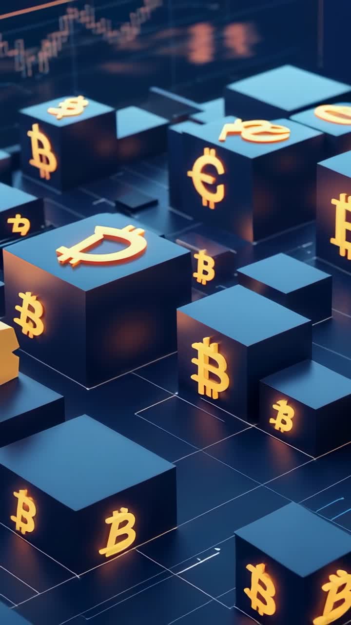 Vertical video: Camera panning up over blue 3D crypto logo cubes across grid, revealing line charts