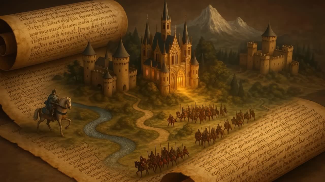 Fantasy video concept with a bird's-eye view of a medieval castle scene on a scroll