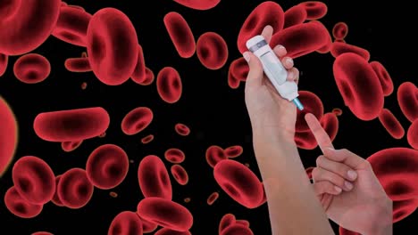 Animation-of-blood-cells-and-hands-of-caucasian-man-collecting-blood