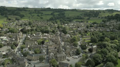 an aerial view of the yorkshire town of pateley bridge on a cloudy summer morning, england, uk