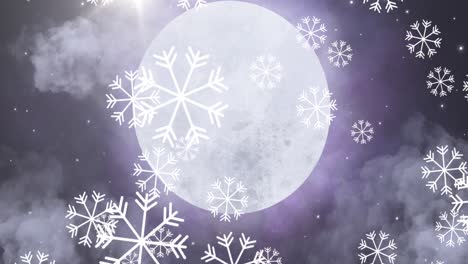 snow particles falling against moon in night sky