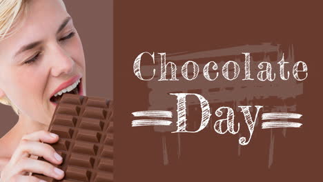 animation of chocolate day text over caucasian woman eating chocolate