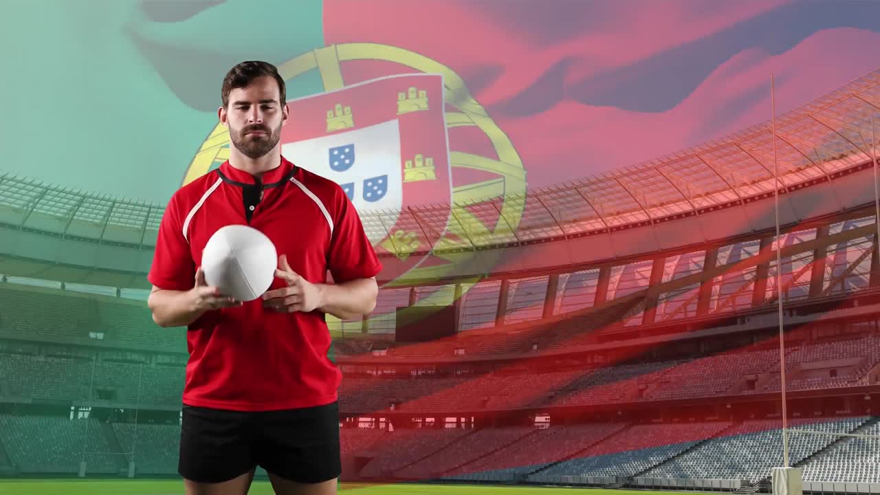 jugador de rugby profesional de pie frente a una bandera y un estadio