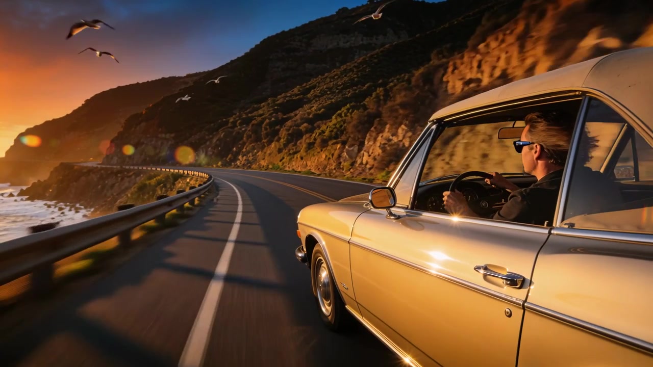 Fahrer eines goldenen Oldtimer-Coupés lenkt entlang der Küste am Ozean vorbei, während die Sonne untergeht, Freiraum für Text.