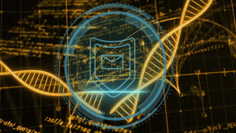 Animation of DNA strand with digital security shield on scientific data background
