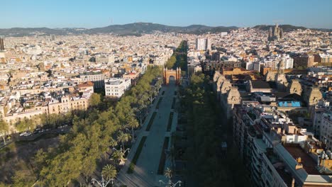 beautiful aerial view above passeig de lluís companys, arc de triumph barcelona, spain