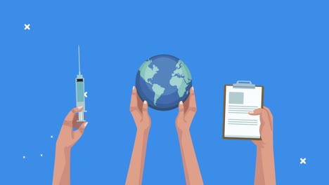 hands lifting medical icons animation