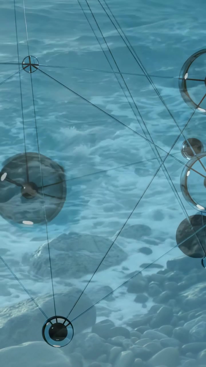 Vertical video: Water ripple starting motion glass orbs bobbing and rotating rings revealing glints