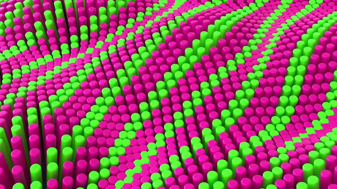 Abstract pink green lines background with cylinders. Ceramic round tiles. Geometry pattern. Random cells. Polygonal glossy surface. Futuristic abstraction. Seamless loop 3d animation of 4K