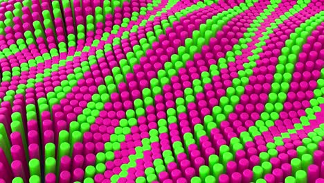 líneas abstractas de color rosa y verde de fondo con cilindros. azulejos cerámicos redondos. patrón de geometría. células aleatorias. superficie poligonal brillante. abstracción futurista. bucle sin costuras animación 3d de 4k