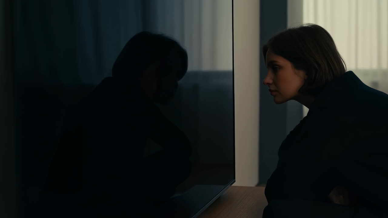Mulher olha fixamente para a tela escura da televisão, perfil próximo e silhueta reflexiva em sala escura, tensão cinematográfica