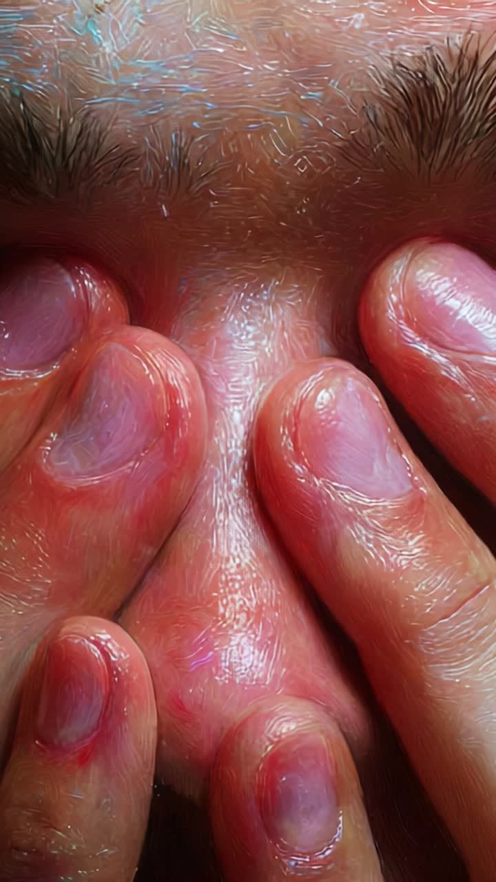 A Close-Up Exploration of Human Facial Features and Emotions Through Hands Covering the Face in Two Captivating Video Frames