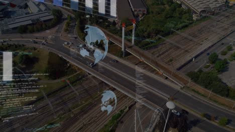 Animation-of-data-processing-and-globes-over-cityscape