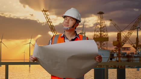 ingeniero masculino asiático con casco de seguridad mirando el plano en sus manos y mirando a su alrededor mientras está de pie con la producción de hidrógeno en alta mar