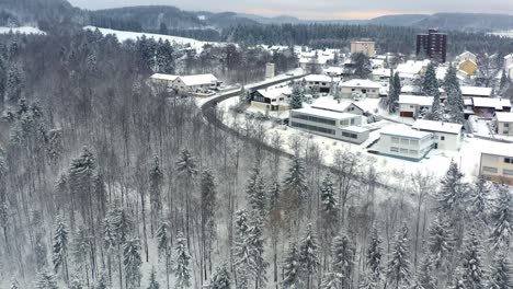 Maravilloso-Día-En-La-Temporada-De-Invierno,-Levantándose-Con-Un-Dron-Sobre-árboles-Cubiertos-De-Nieve-Con-Vistas-A-Un-Pequeño-Pueblo-Frente-A-Las-Colinas