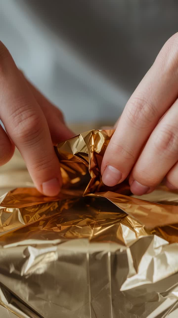 Vertical video: Pinching seam, hands smoothing gold foil over box on tabletop to flatten creases