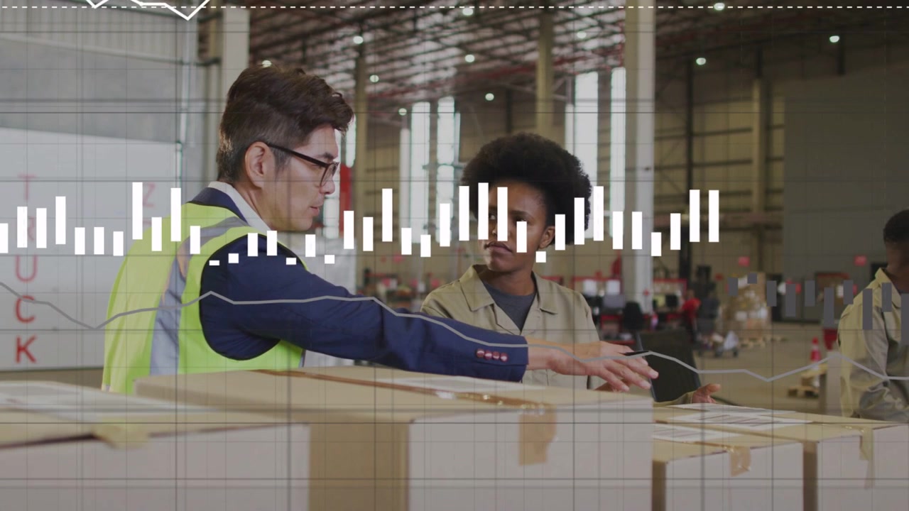 Lead pointing at label guiding woman using tablet while growing charts tracking warehouse inventory